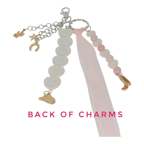 Pink Morganite Pearls & Cowgirl Charms Pink Ribbon Bag Charm Purse Accessory Y2k - Picture 8 of 16